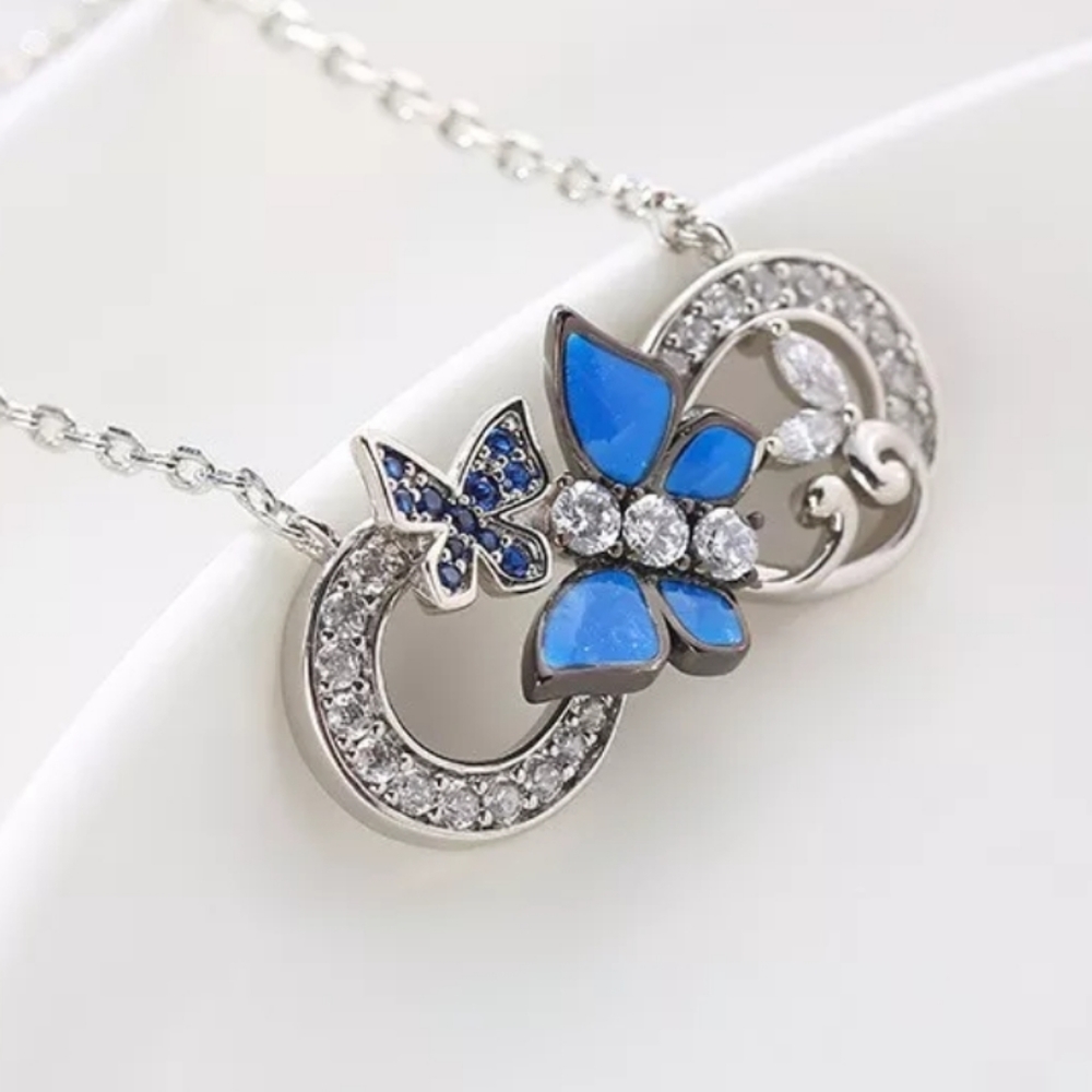 Blue Butterfly Infinity Silver Necklace